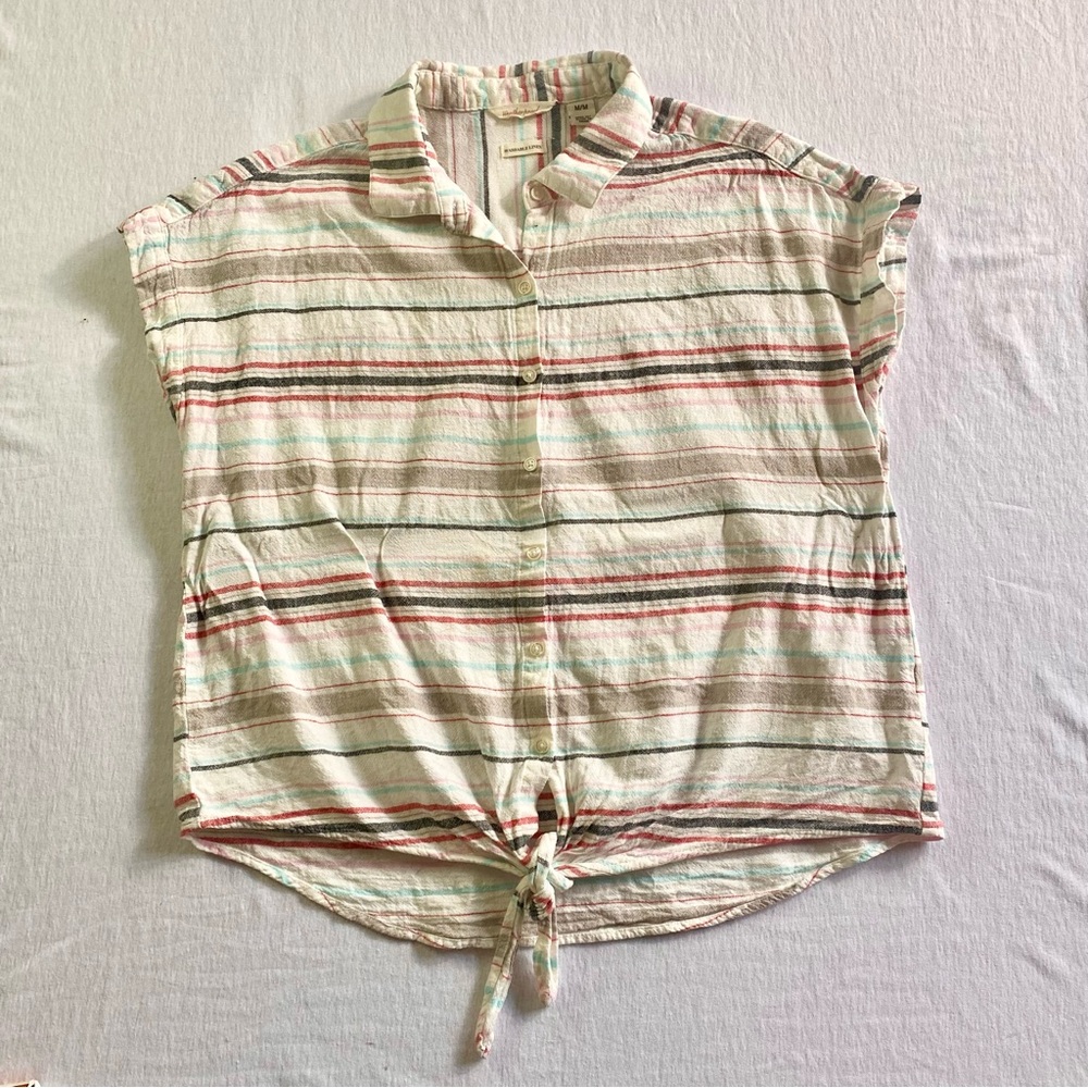 Weatherproof Vintage Multicolor Striped Button-Down Shirt with Tie Front Linen